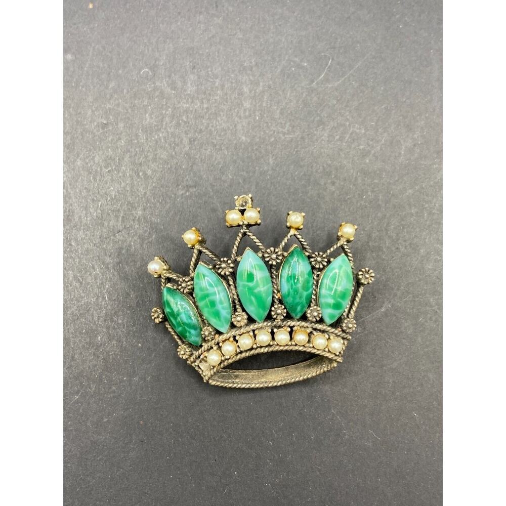 Vintage CFW Signed Faux Pearl Green Rhinestone Gold Tone Crown Brooch Pin
